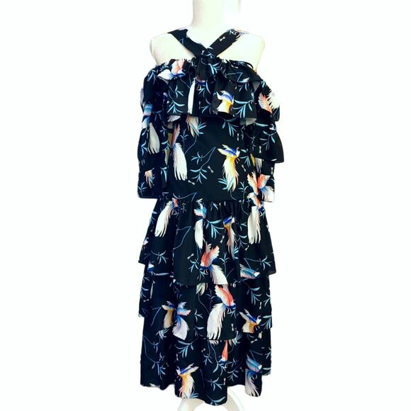 NWT Borgo De Nor Sandra Crepe Bird Ruffle Off Shoulder Midi Dress $1420 Sz 8 - Picture 2 of 9